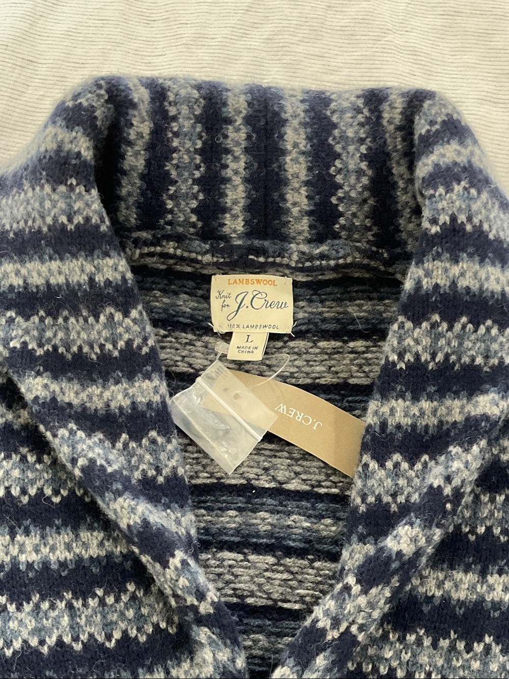 J. Crew Men’s Navy and Cream Striped Lambswool Shawl-Collar Cardigan